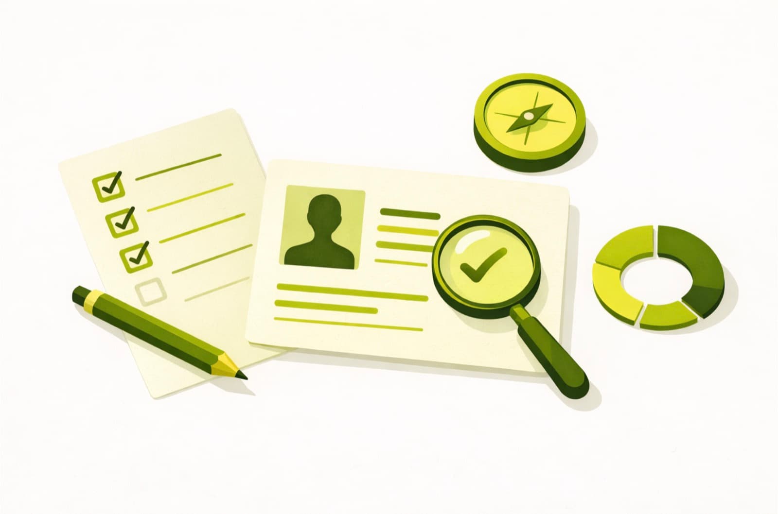 Illustration of a checklist, a profile card, a magnifying glass and a compass, showing self-assessment before lead generation.