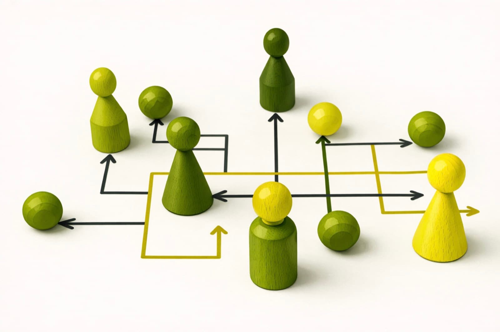 Illustration of game pieces connected by arrows, showing different real estate lead sources such as referrals, social media, portals and partnerships.